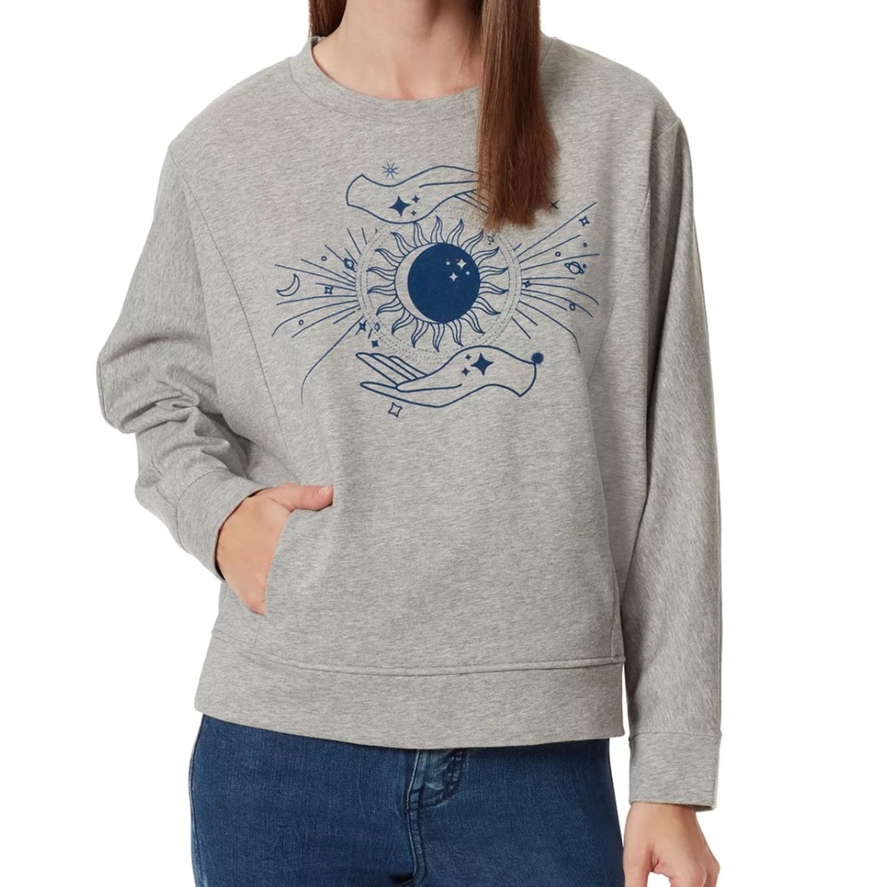 Frayed Jeans Cleo Celestial Sun Moon Drop Shoulder Dolman Pocket Sweatshirt Sm